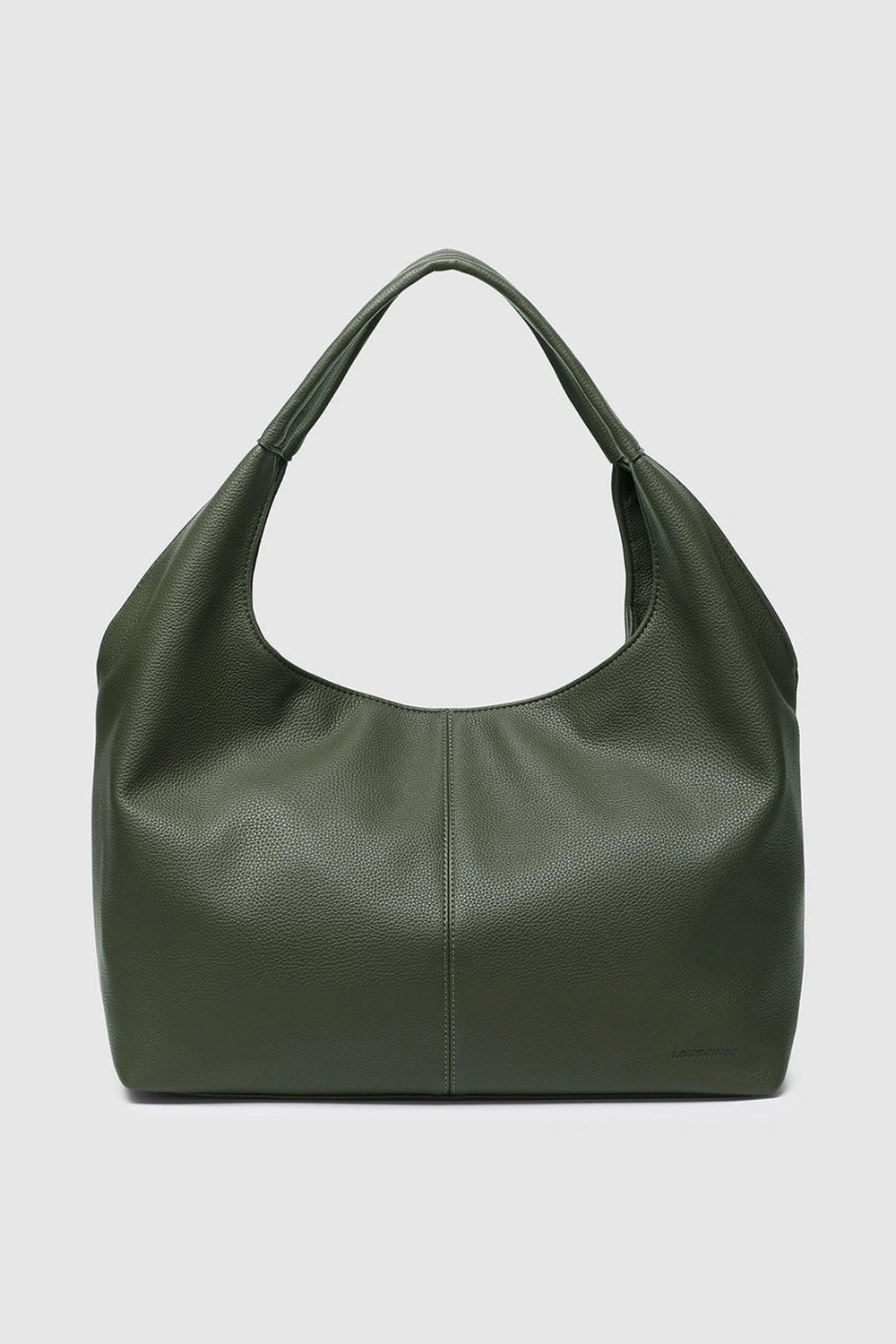 An olive green pebbled leather hobo shoulder bag with a single top handle, photographed against a solid light gray background.