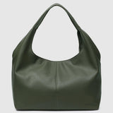 An olive green pebbled leather hobo shoulder bag with a single top handle, photographed against a solid light gray background.