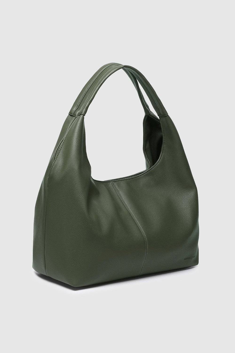 An olive green slouchy shoulder bag with a smooth leather-like finish, shown from a three-quarter angle on a light gray background.