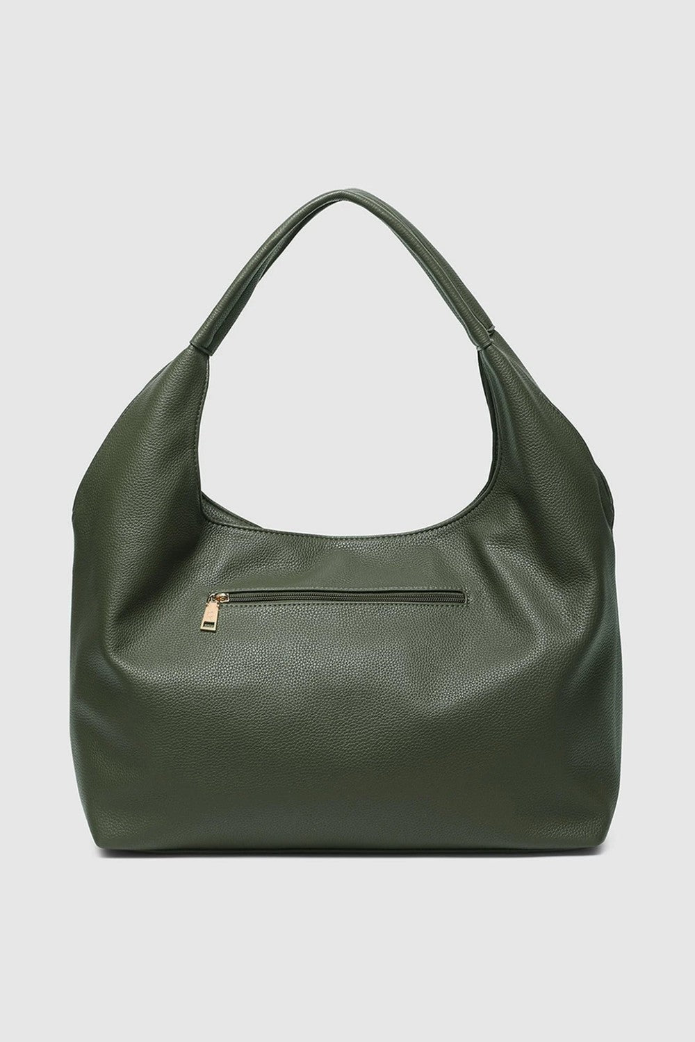 An olive green pebbled leather hobo shoulder bag with a top zipper and a small horizontal zippered pocket on the front, featuring a gold-tone zipper pull, set against a solid light gray background.