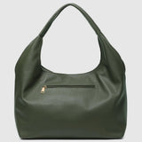 An olive green pebbled leather hobo shoulder bag with a top zipper and a small horizontal zippered pocket on the front, featuring a gold-tone zipper pull, set against a solid light gray background.