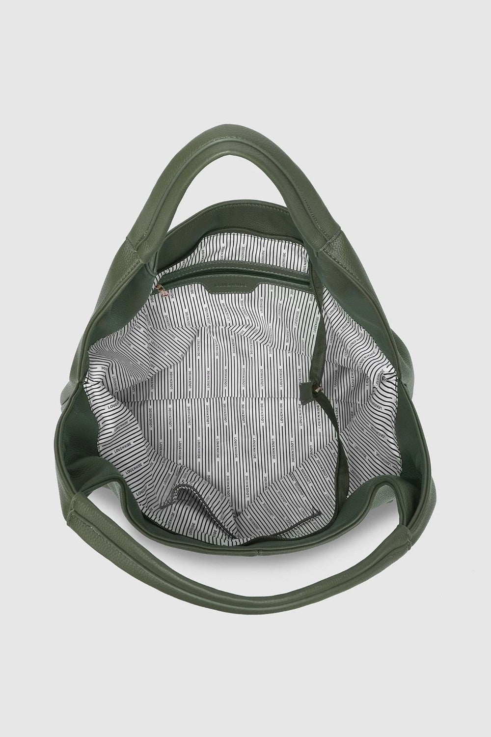 An olive green leather shoulder bag shown from a top-down view, highlighting its interior lined with a gray and white striped pattern.