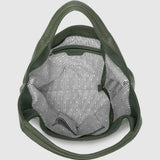 An olive green leather shoulder bag shown from a top-down view, highlighting its interior lined with a gray and white striped pattern.