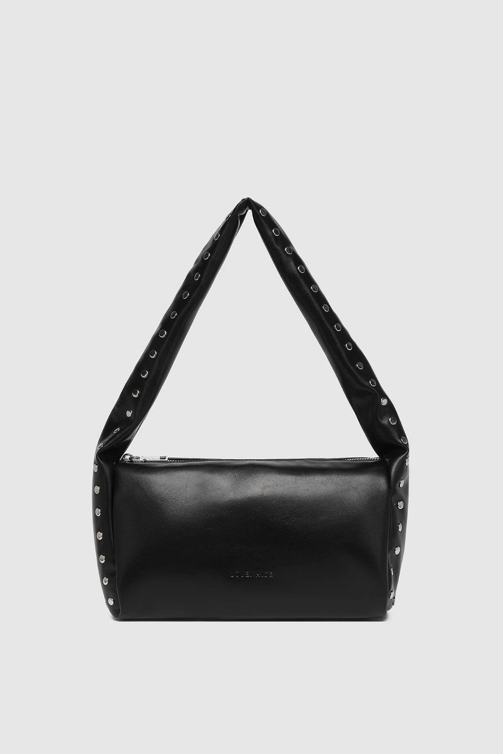 A black leather shoulder bag with a wide, studded strap, photographed against a solid light gray background.