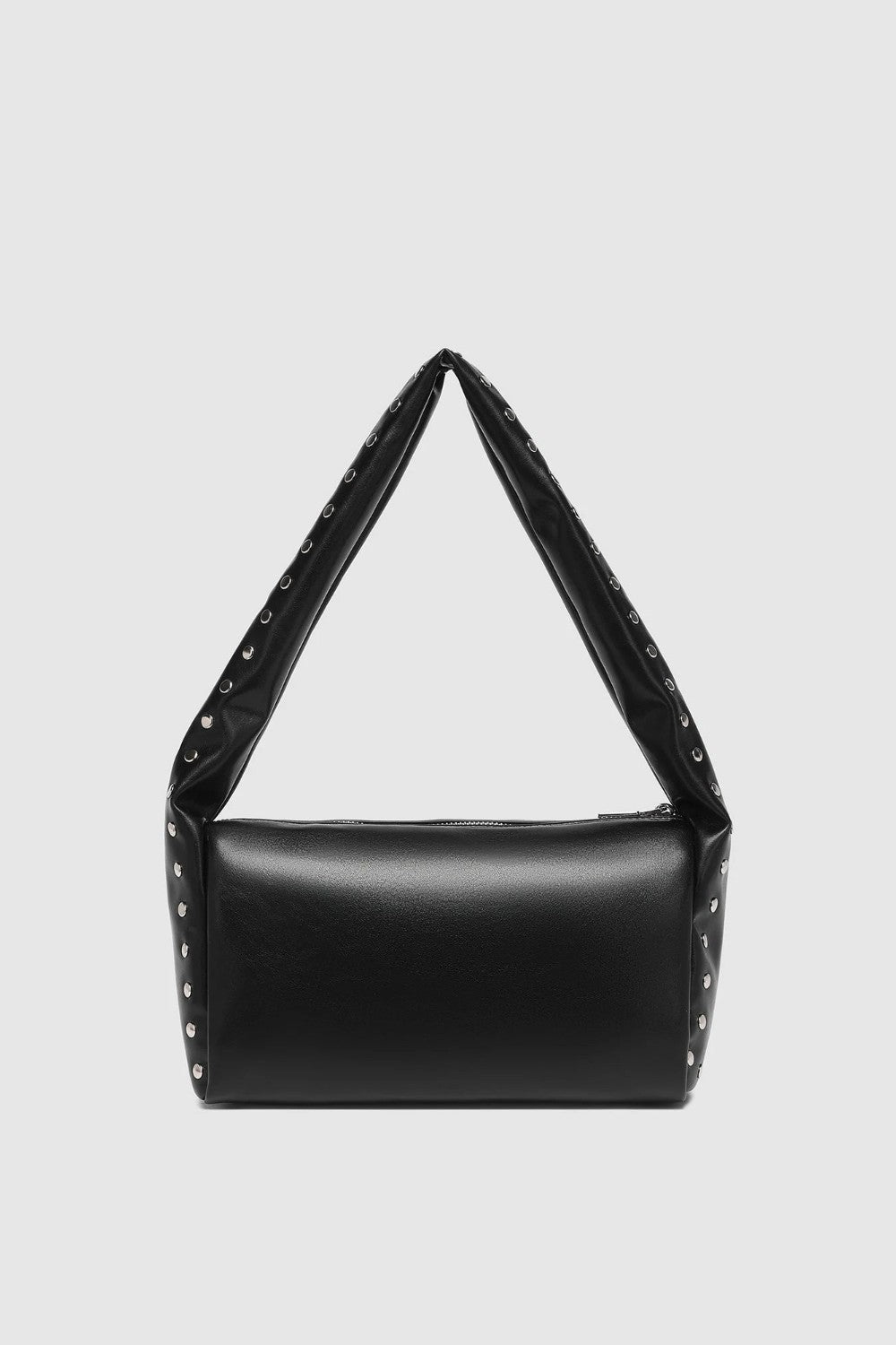 A black leather shoulder bag with a wide, strap-like top handle and silver-tone studs along the edges, shown against a light gray background.