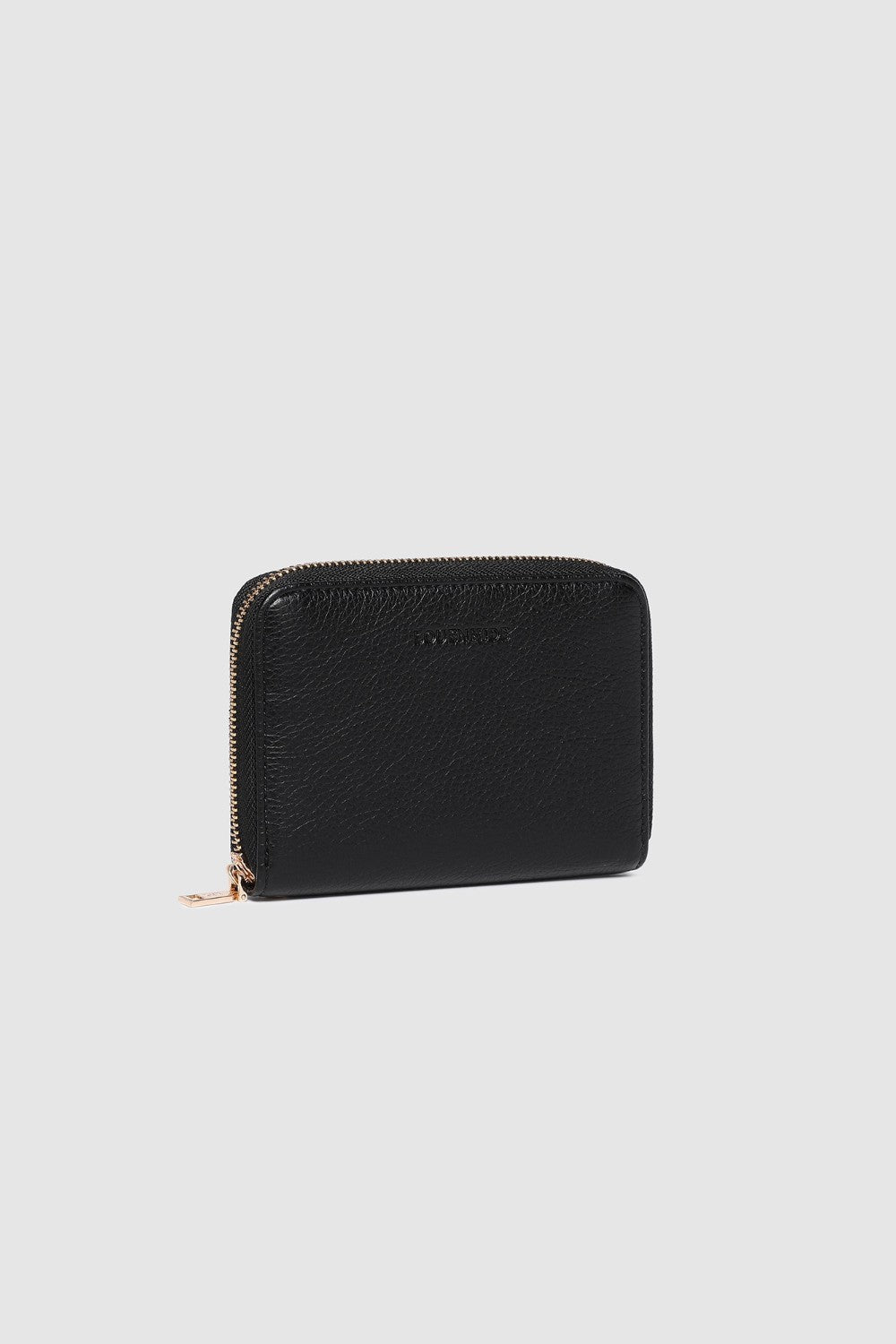 Black wallet with a gold zipper on a light gray background