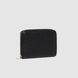 Black wallet with a gold zipper on a light gray background