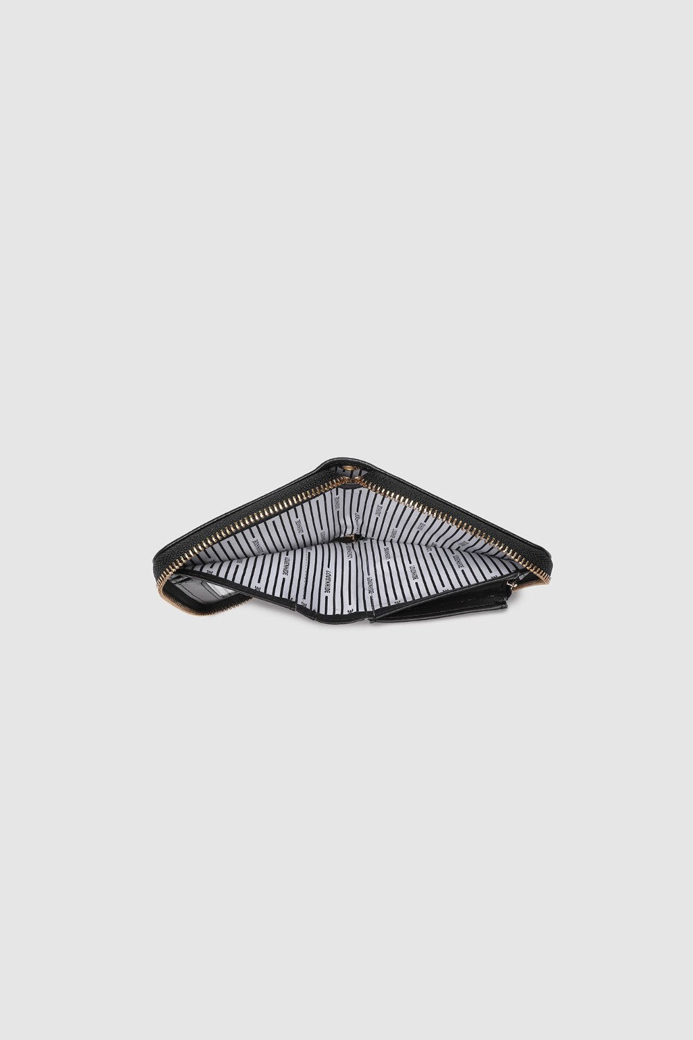 Black wallet with a black and white striped lining on a white background.