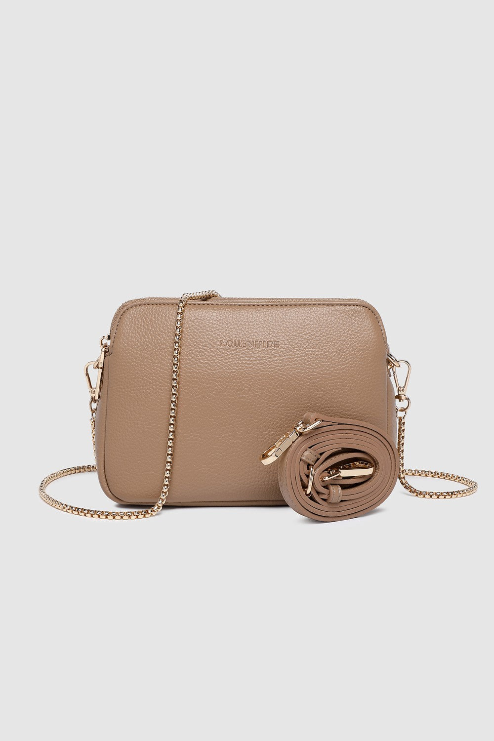 Beige handbag with chain detail on a light gray background