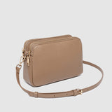 Beige crossbody bag on a light gray background