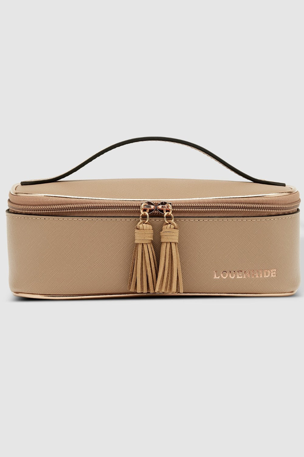Beige travel bag with tassels and 'LOUENHIDE' branding on a light gray background