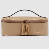 Beige travel bag with tassels and 'LOUENHIDE' branding on a light gray background