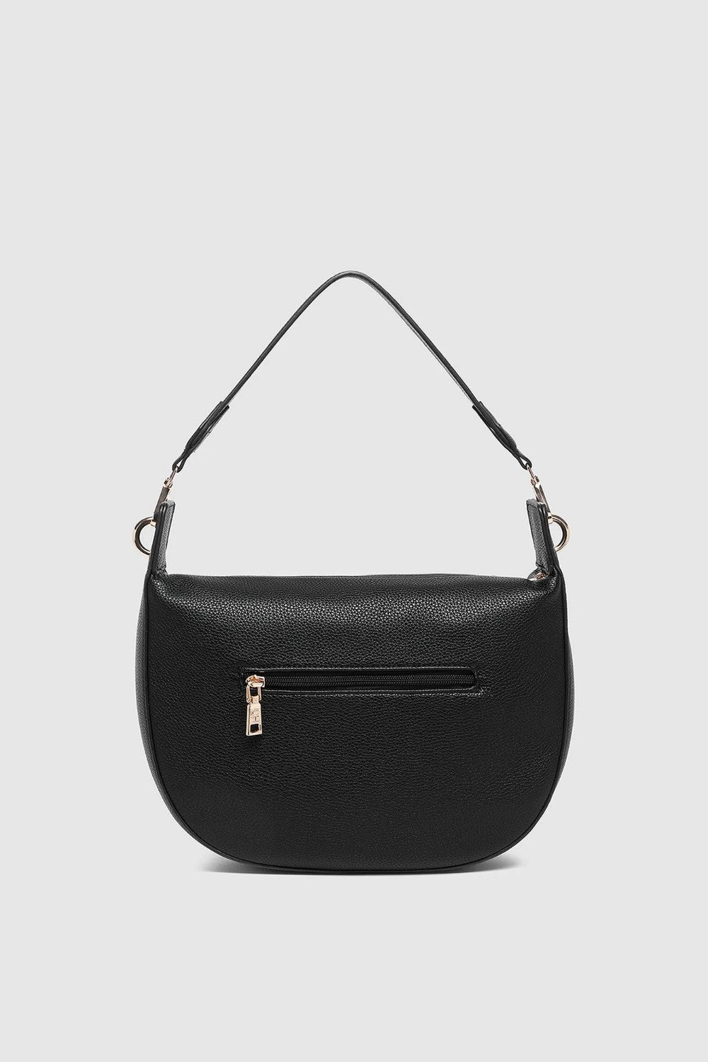 A black pebbled leather shoulder bag with a curved, crescent-shaped silhouette, a outside zippered pocket, and a thin matching shoulder strap, shown against a light gray background.