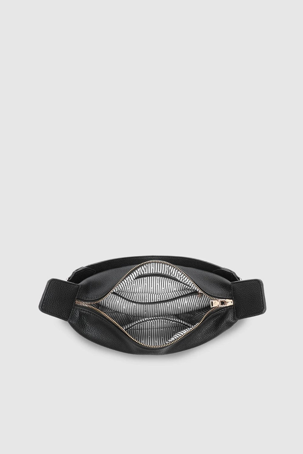 A black leather bag with striped lining, shown against a light gray background.