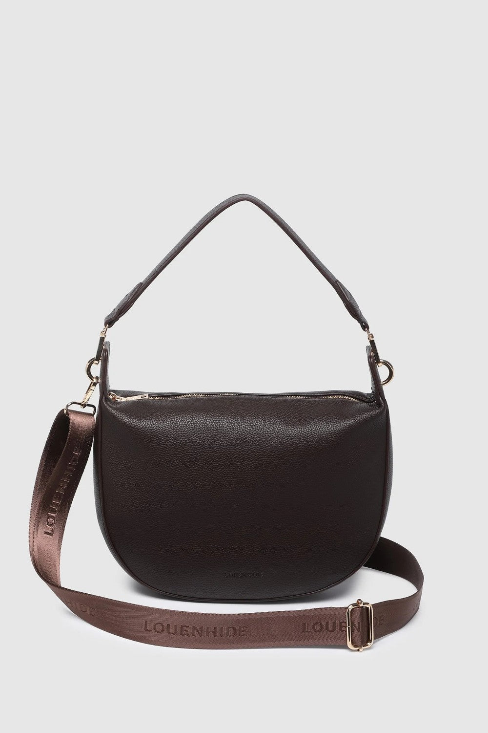 A dark brown pebbled leather shoulder bag with a matching adjustable shoulder strap featuring the brand name 'LOUENHIDE', shown against a light gray background.