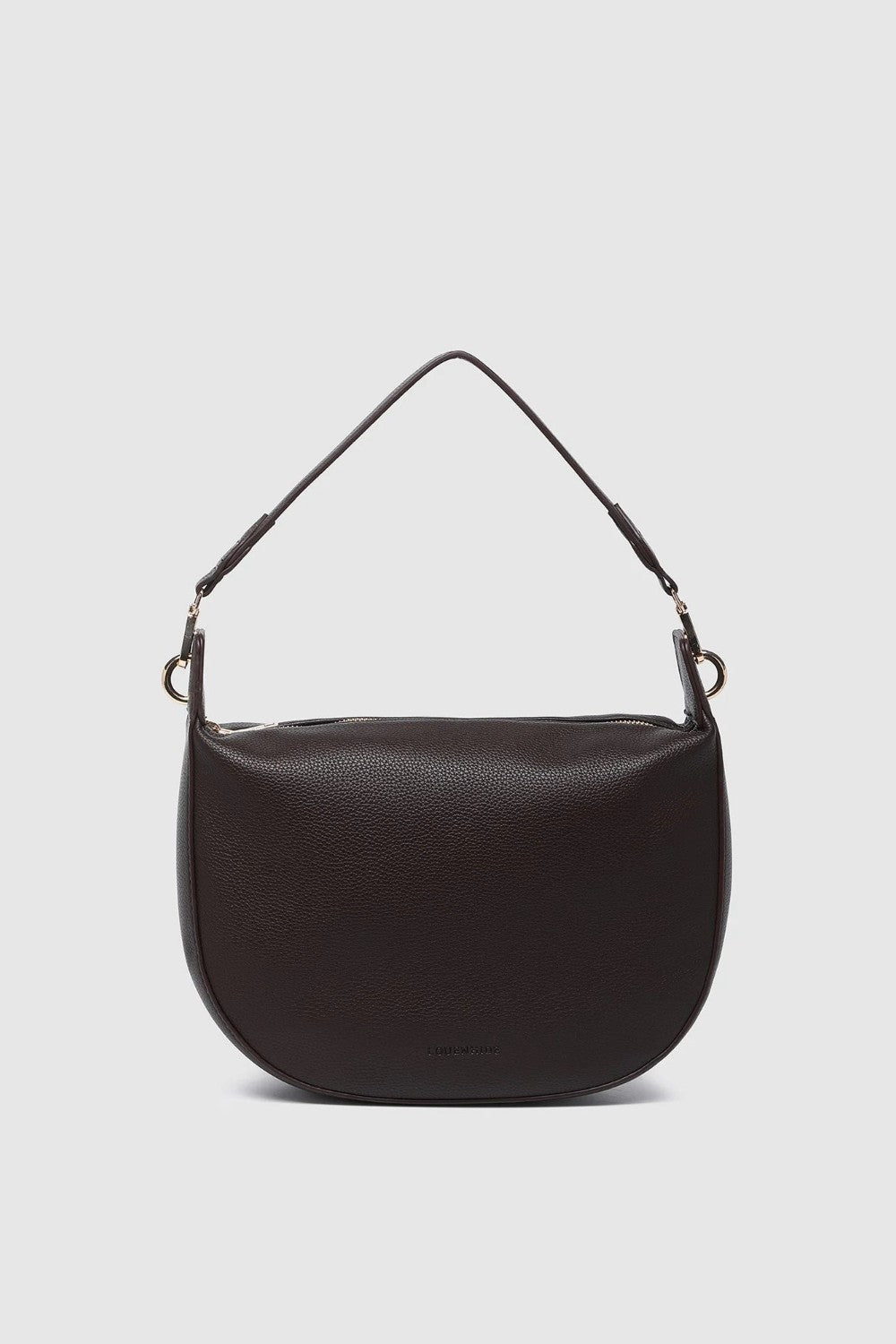A dark brown pebbled leather shoulder bag with a single thin strap and gold-tone hardware, shown against a light gray background.