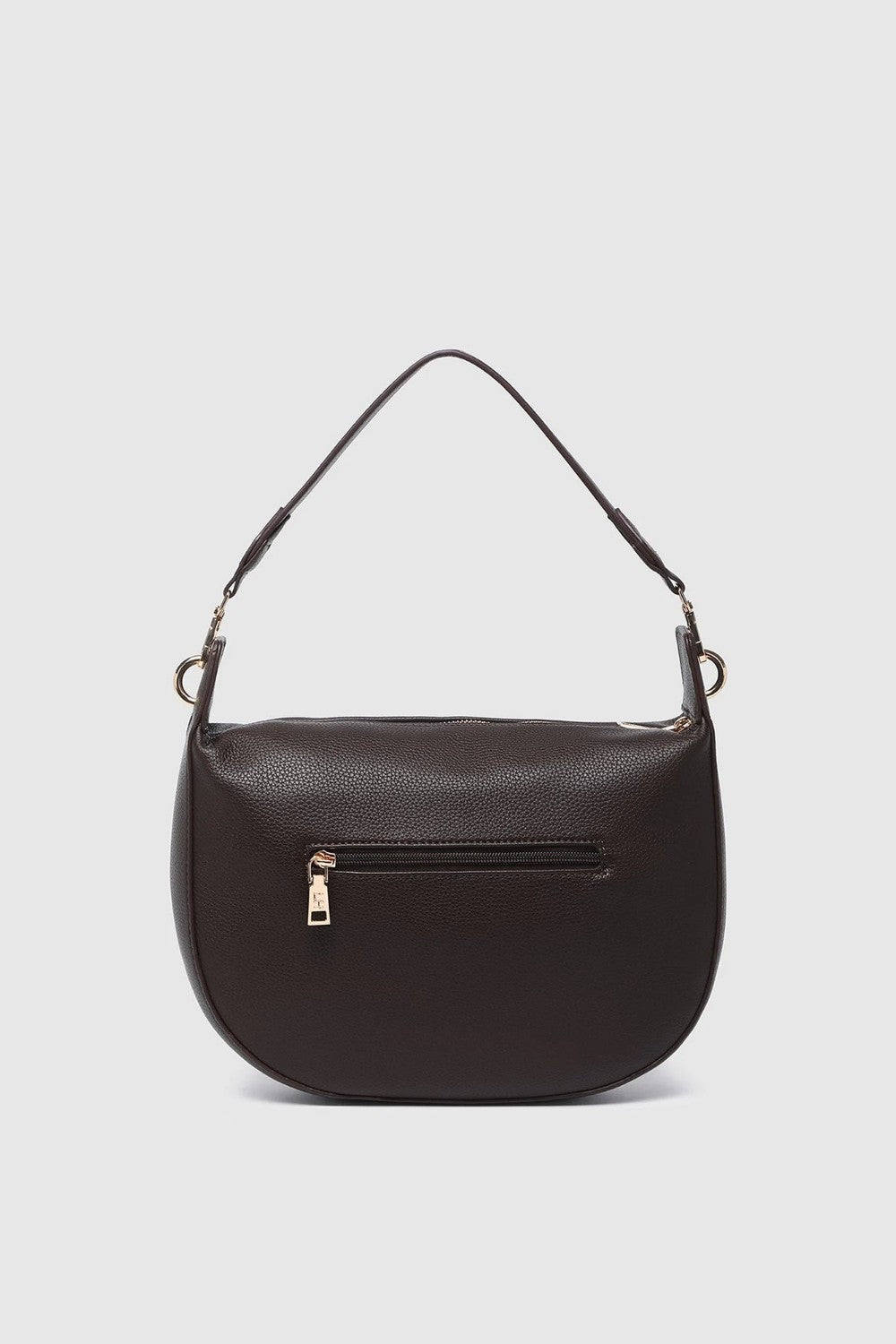 A dark brown textured leather shoulder bag with an exterior zippered pocket and gold-tone hardware, shown against a light gray background.