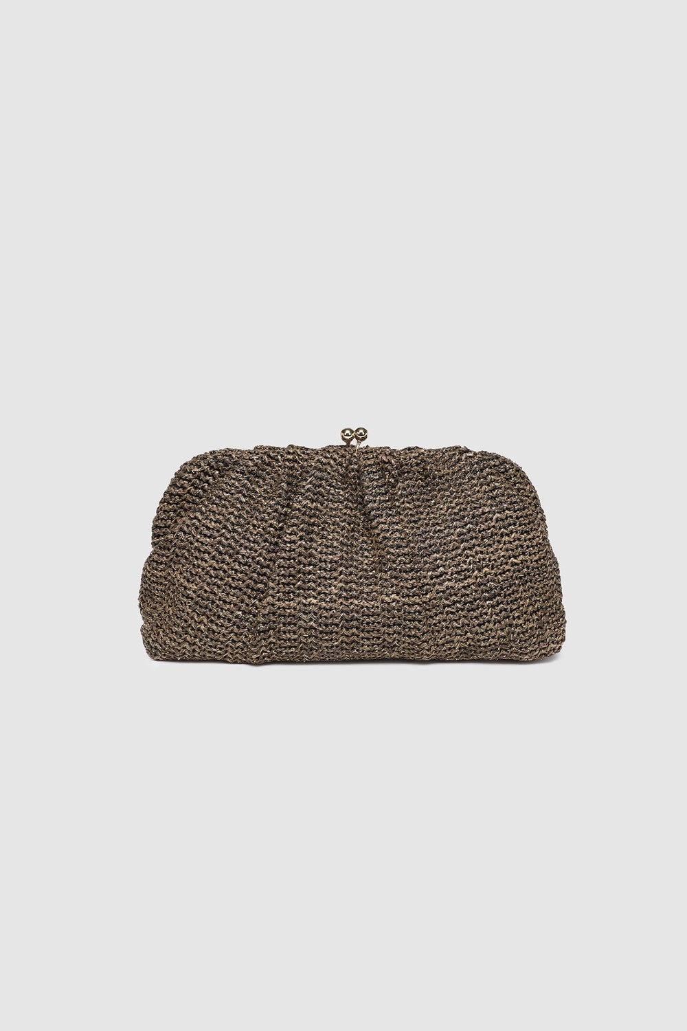 Brown textured clutch bag on a light gray background