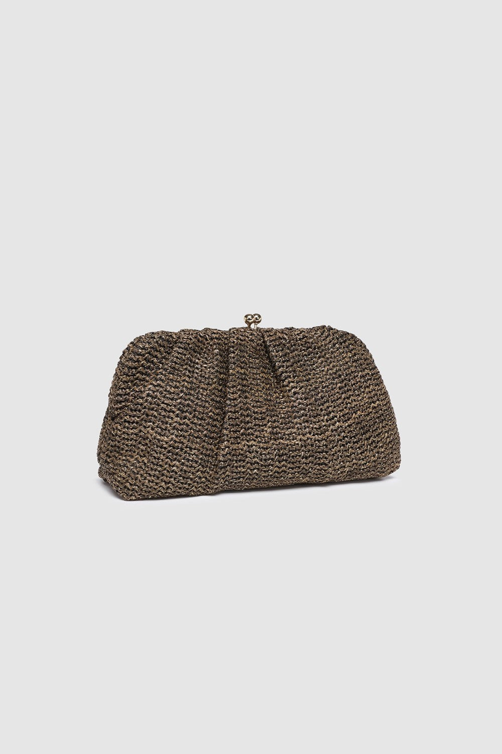 Brown woven clutch bag on a light gray background