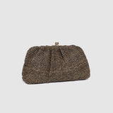 Brown woven clutch bag on a light gray background