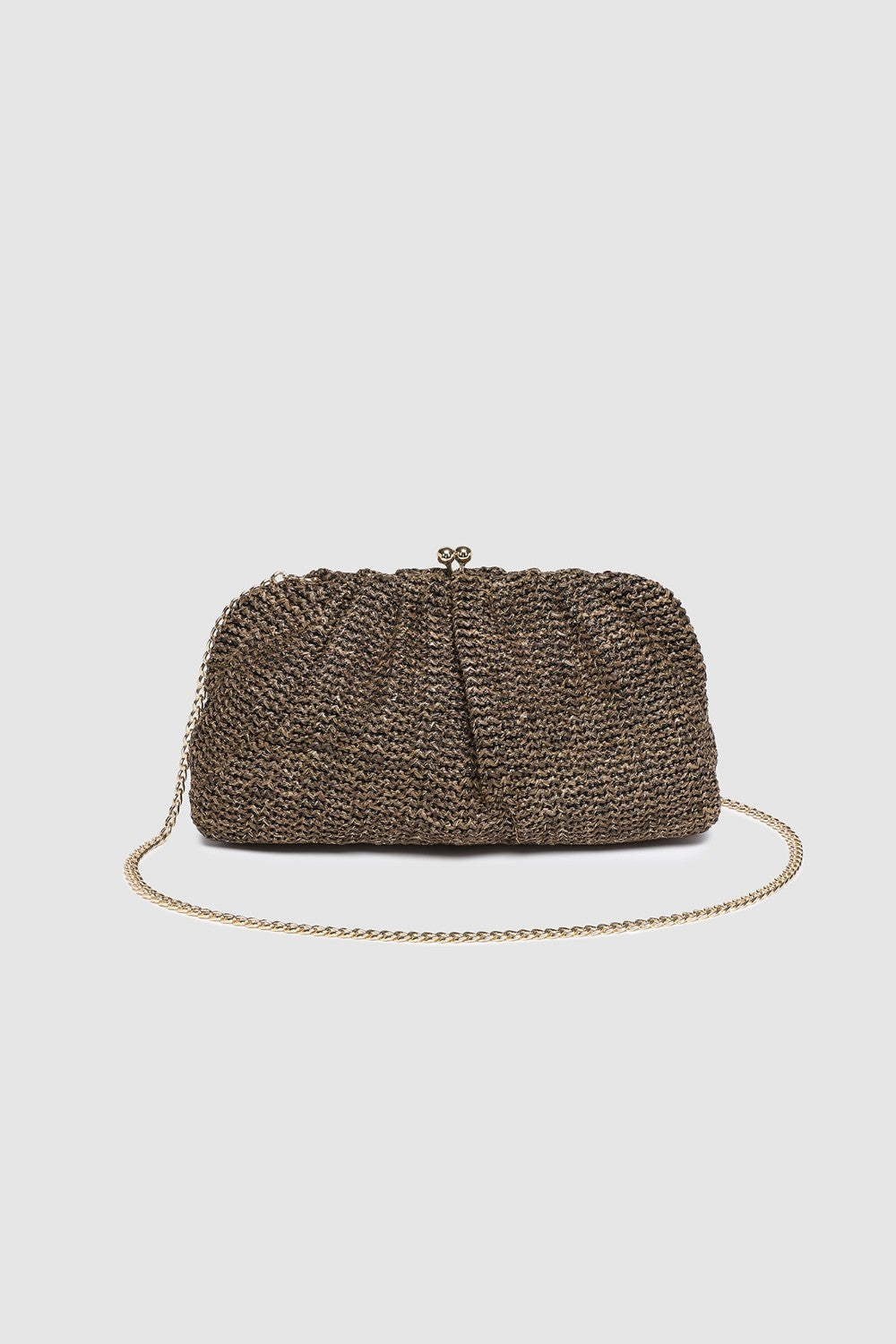 Woven handbag with a chain strap on a light gray background