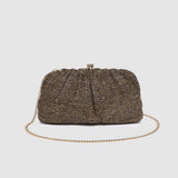 Woven handbag with a chain strap on a light gray background