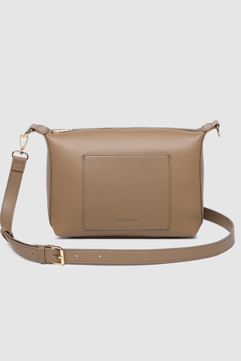 Brown pleather crossbody bag on a light gray background