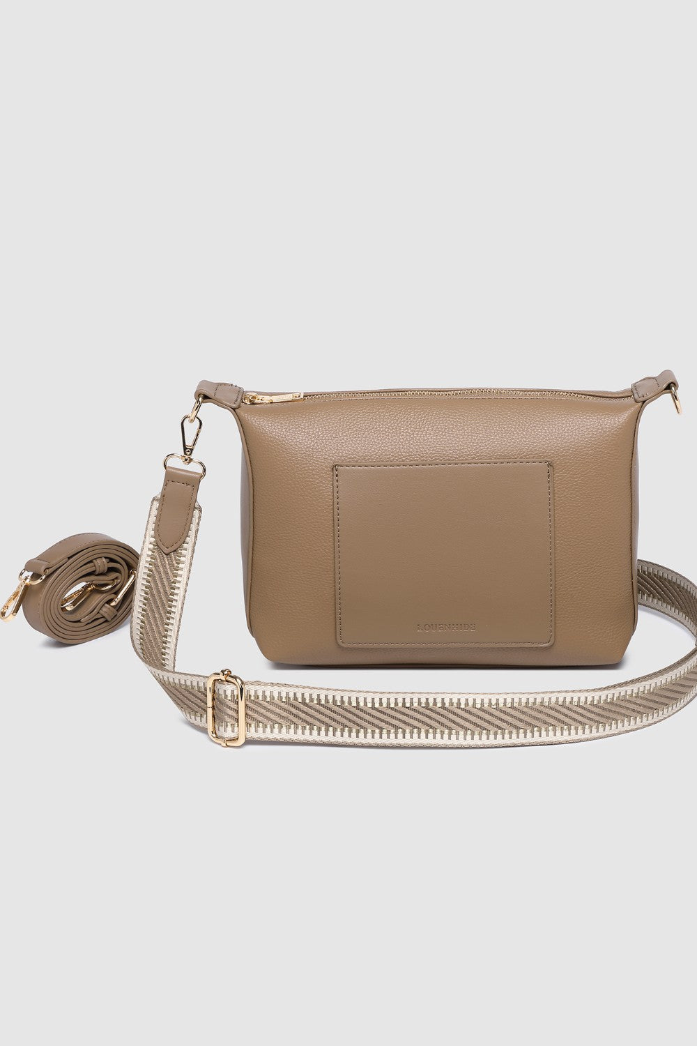 Beige handbag with a chain strap on a light gray background