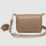 Beige handbag with a chain strap on a light gray background