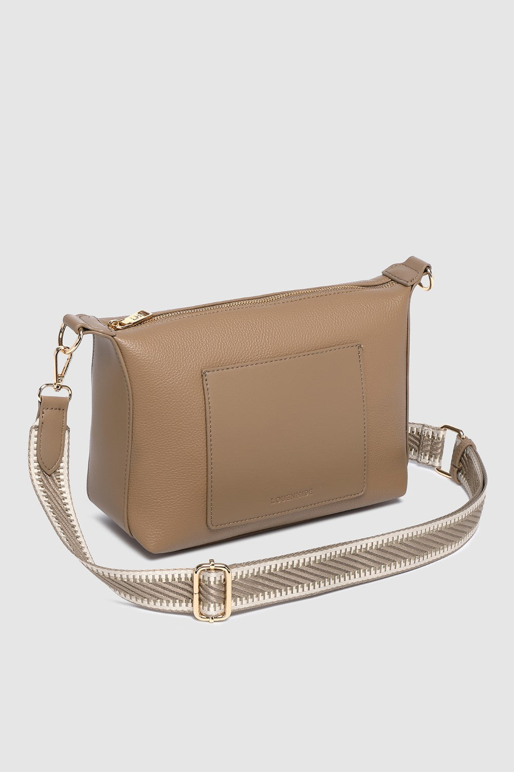 Beige handbag with a chain strap on a light gray background