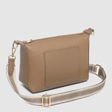 Beige handbag with a chain strap on a light gray background