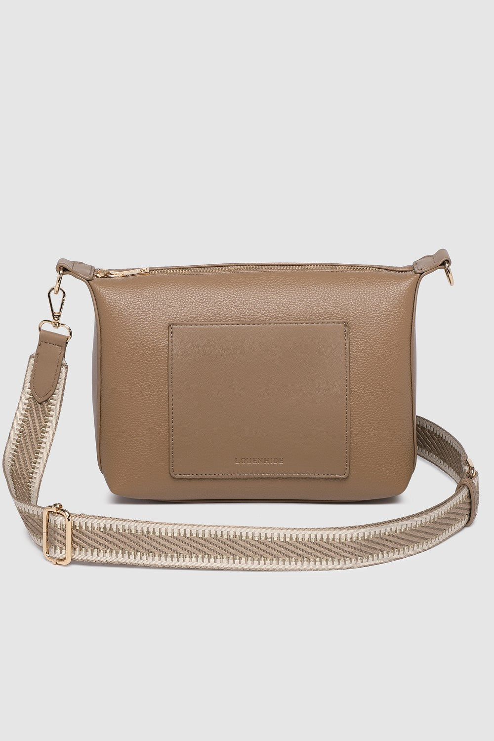 Beige handbag with a strap on a light gray background