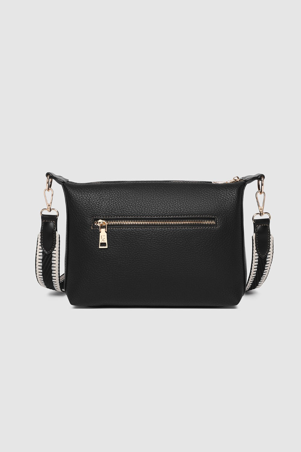 Black handbag with gold zipper on a light gray background