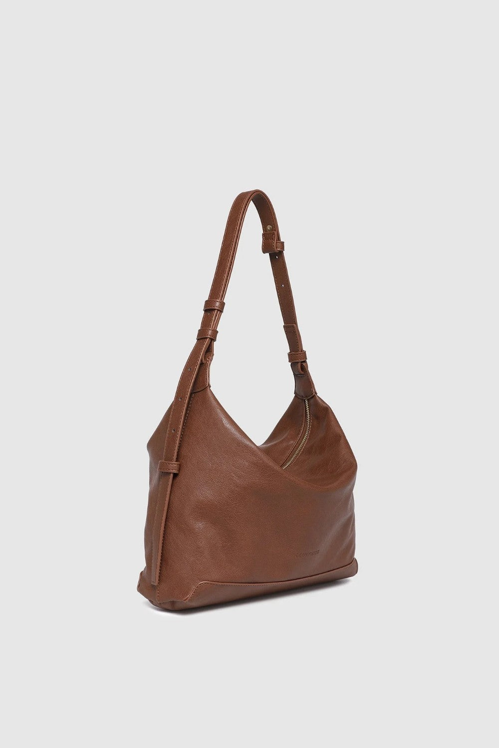 Brown leather handbag on a light gray background