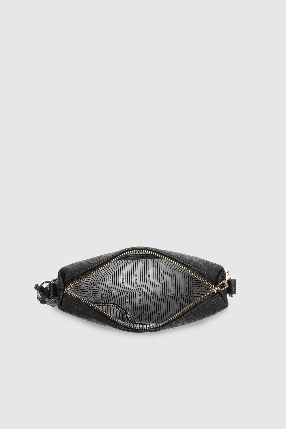 A black leather belt bag shown from the top, open to reveal a black and gray patterned interior lining, set against a solid light gray background.