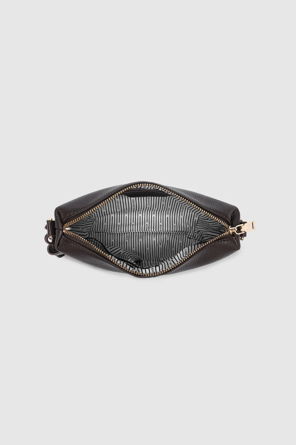 A dark brown leather pouch shown open from a top-down view, revealing a textured gray interior lining with gold-tone zipper pulls, set against a solid light gray background.