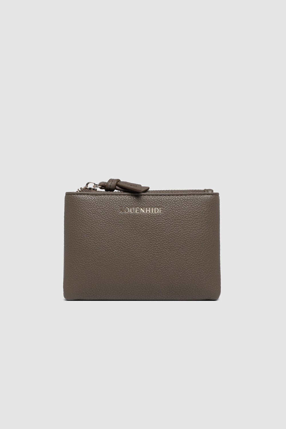 Brown zippered pouch on a white background