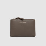 Brown zippered pouch on a white background