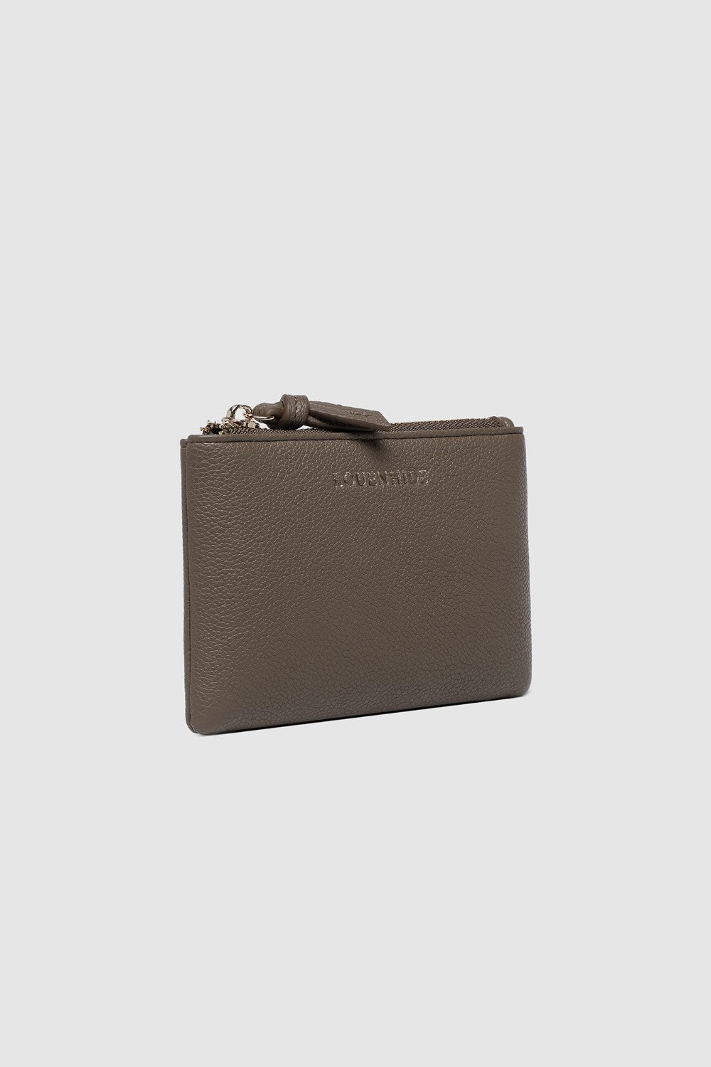 Brown zippered pouch on a white background
