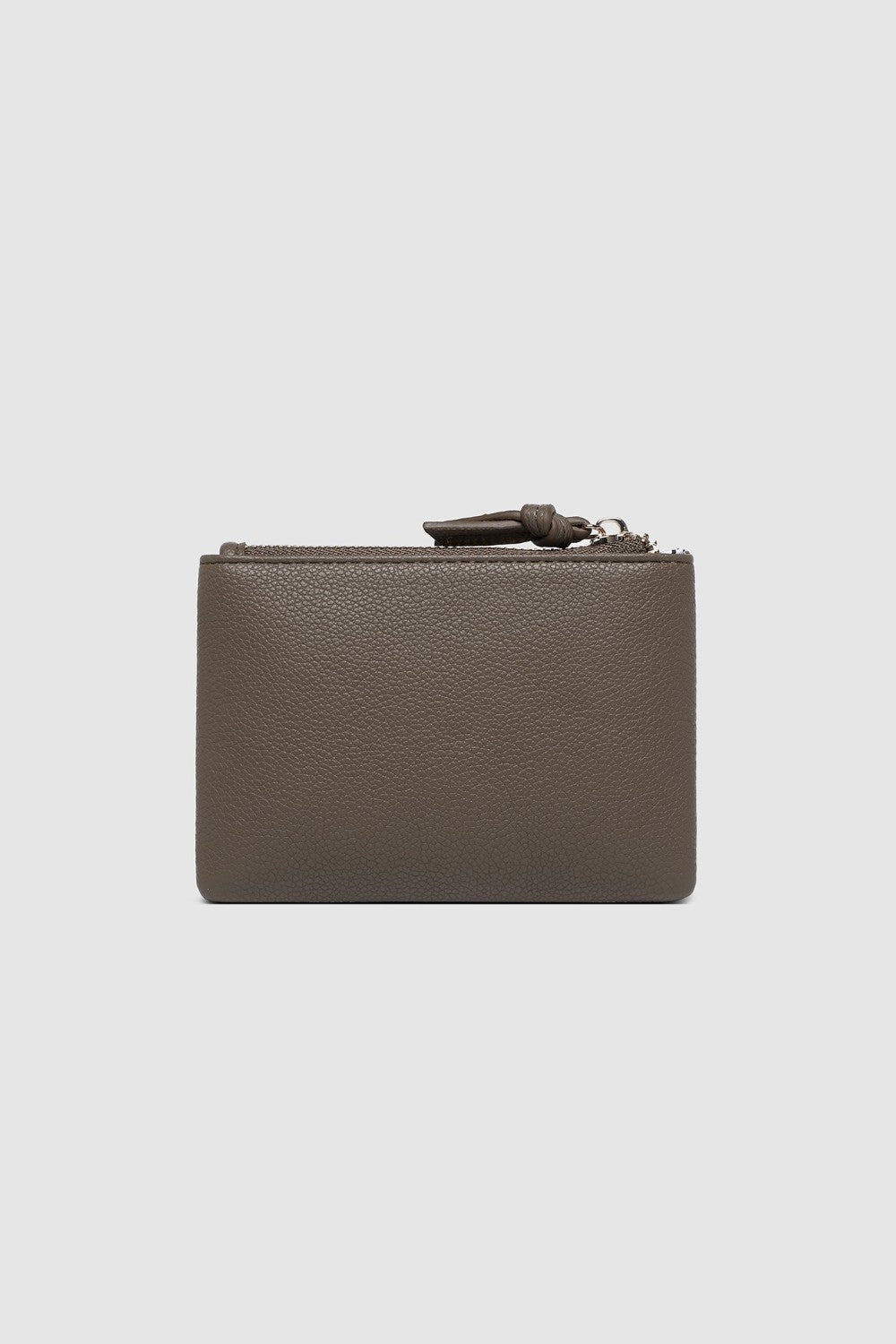 Brown zippered pouch on a white background