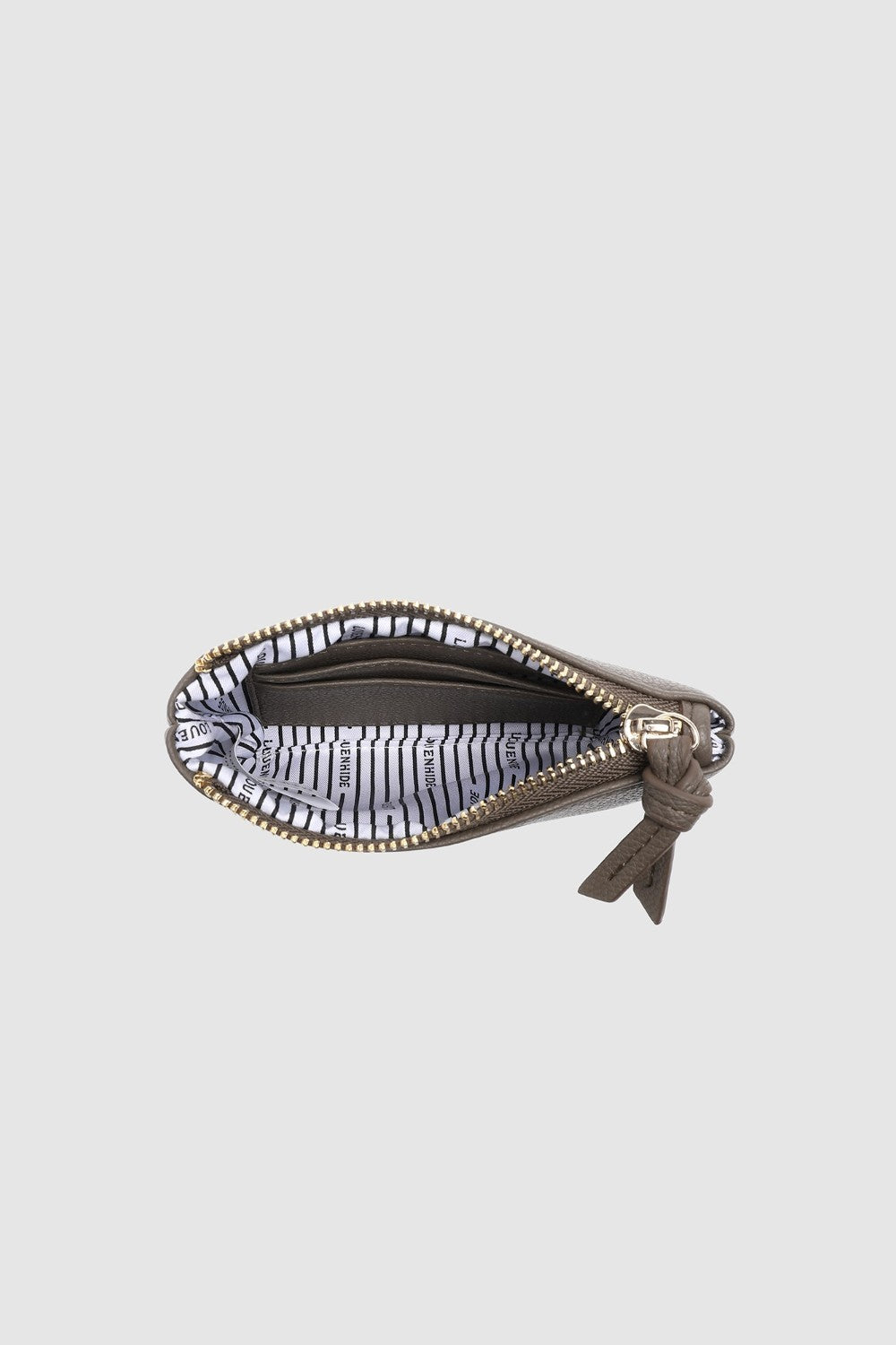 Brown zippered pouch on a white background