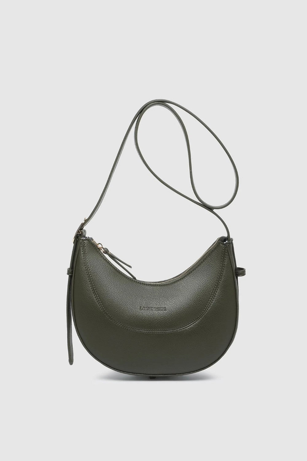 An olive green crescent-shaped leather shoulder bag with a thin matching shoulder strap, shown against a light gray background.