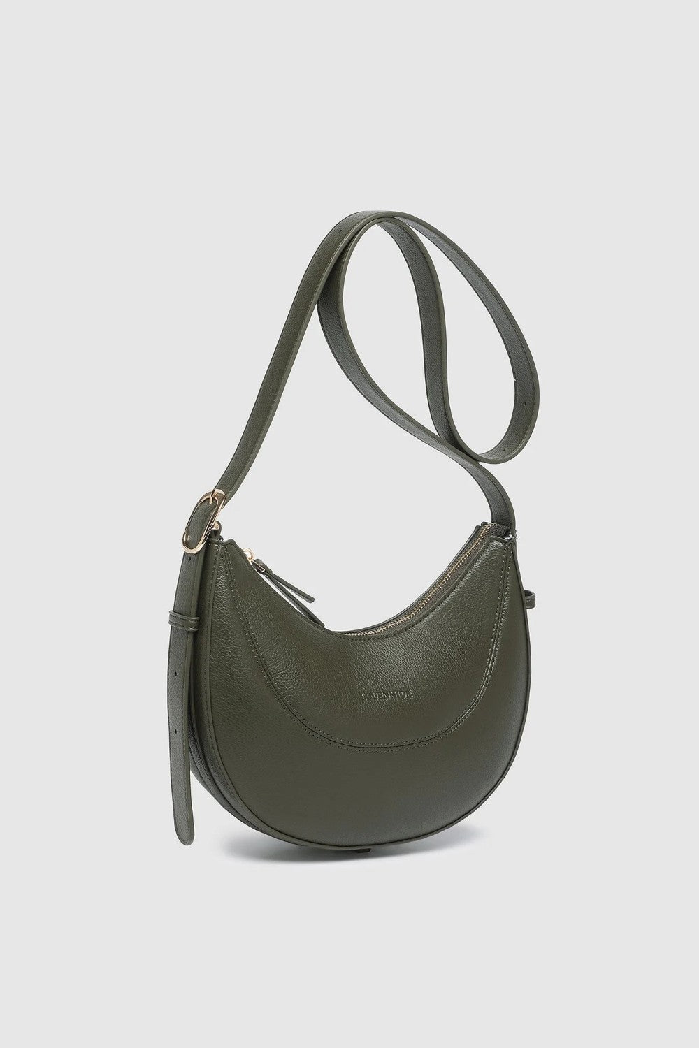 An olive green crescent-shaped leather shoulder bag with a matching adjustable shoulder strap, set against a light gray background.