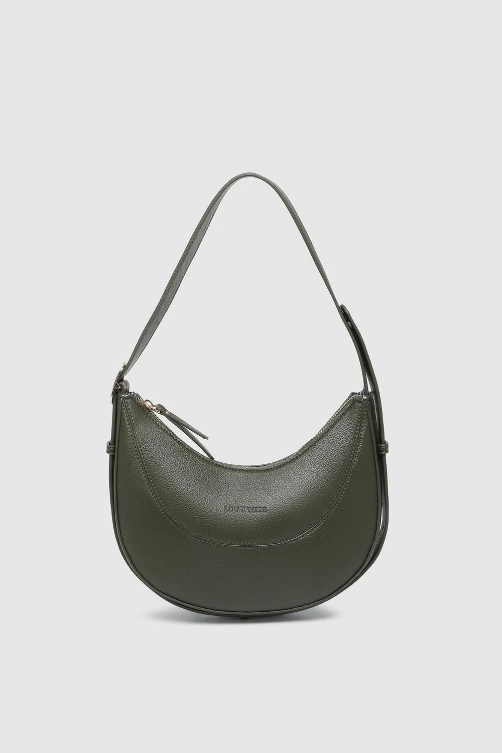 An olive green crescent-shaped leather shoulder bag with a single adjustable strap, shown against a light gray background.