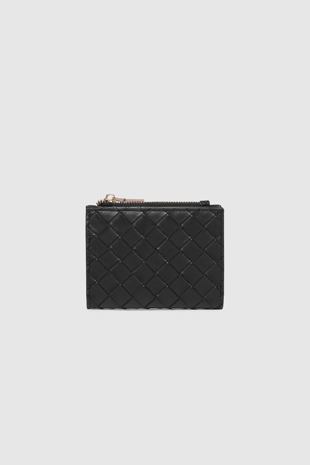A black woven leather card holder with a gold-tone zipper pull, shown against a light gray background.