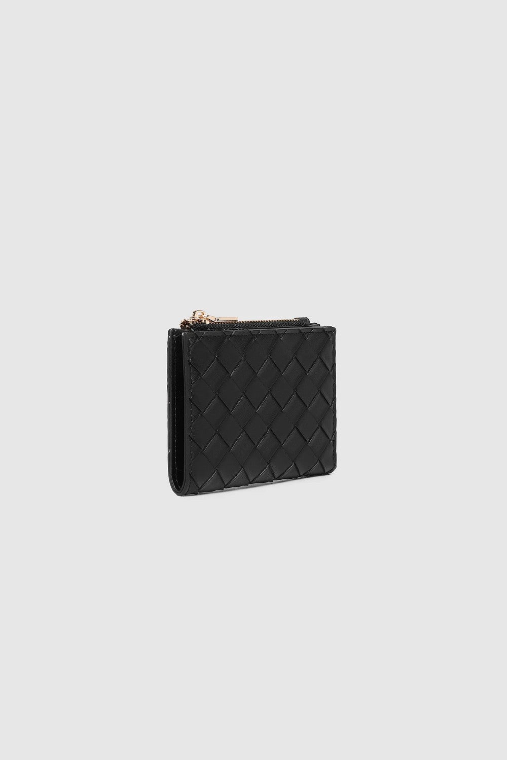A black woven leather card holder with a gold-tone zipper pull, shown against a light gray background.