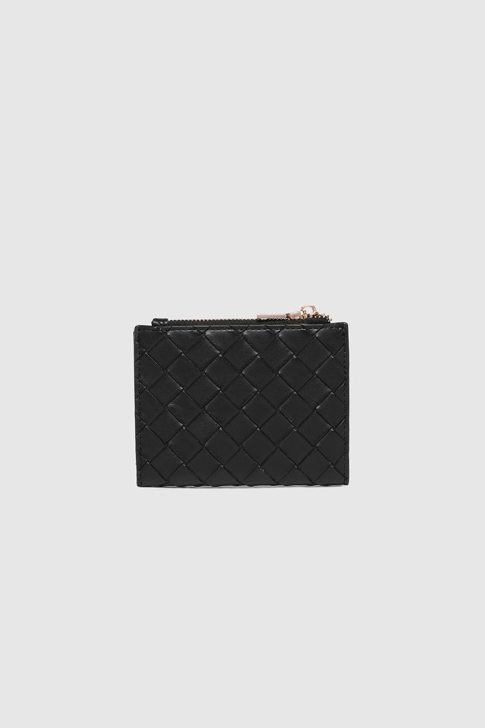 A black woven leather card holder with a gold-tone zipper pull, shown against a light gray background.