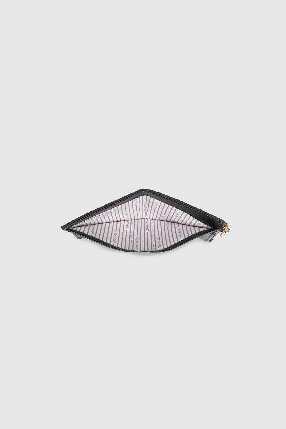 Looking down into a wallet with a black and white striped lining on a light background.