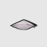Looking down into a wallet with a black and white striped lining on a light background.