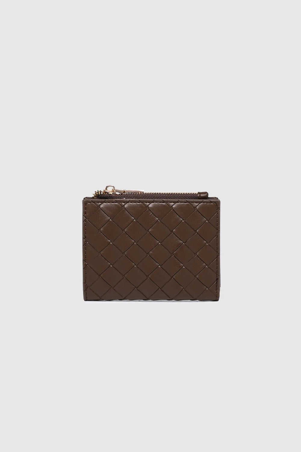 A dark brown woven leather wallet with a zippered compartment, shown open on a light background. 